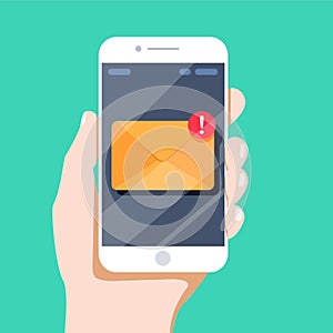 New email notification on mobile phone , smartphone screen with new unread e-mail message and read mail envelope icons. photo
