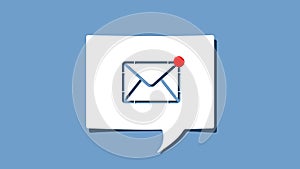 New email notification symbol on cutout white paper speech bubble on blue background