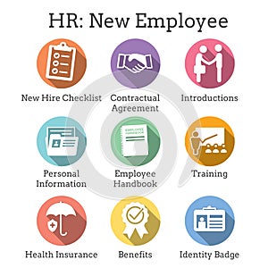 New Employee Hiring Process icon set w checklist, handshake, t