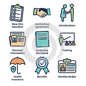 New Employee Hiring Process icon set w checklist, handshake, t