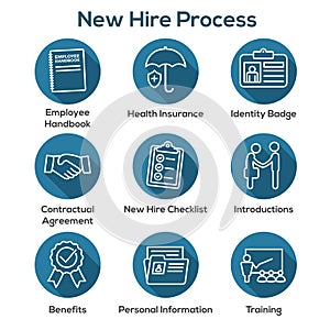 New Employee Hiring Process icon set w checklist, handshake, t