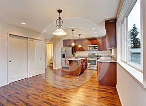 New empty dining room and kitchen interior.