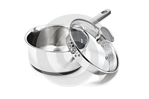 New empty stainless steel sauce pan with lid