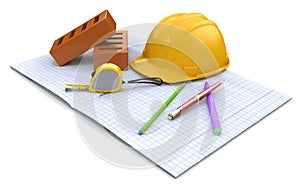 New engineering plan, ÃÂonstruction helmet, stationery items and