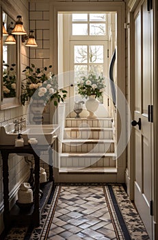 new england antique black and white bathroom entryway flooring