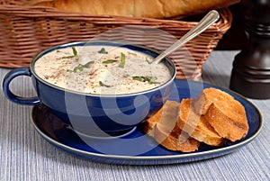 New England Chowder in a blue bowl