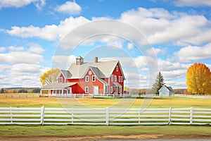 new england farmhouse with a red barn and splitrail fence