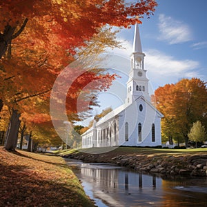 new england old church surrounded by fall colors