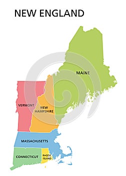 New England region, colored map, a region in the United States of America