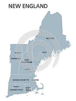 New England region of the United States of America, gray political map