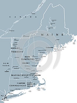 New England region of the United States, gray political map