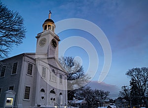 New England White Church at Twilight with Steeple