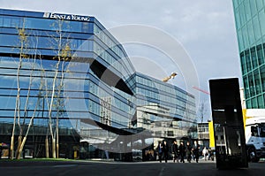 The new Ernst & Young headquarter in ZÃ¼rich-West in the shadow of the Swiss Prime Tower