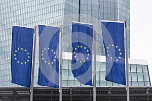 New european central bank in frankfurt germany with europe flags