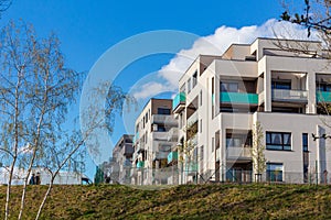 New european modern complex beautiful apartment house flat building mortage on sunset cloud