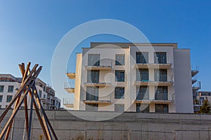 New european modern complex beautiful apartment house flat building mortgage on sunset cloud