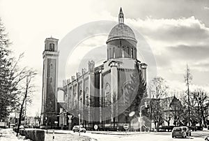 New evangelical church in backlight, Kezmarok, colorless