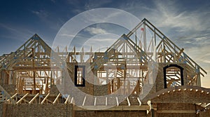 New Exterior Maison Home House Roof Framing Details Clouds Sky Background photo