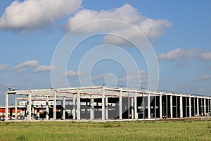 New factory construction site with workers