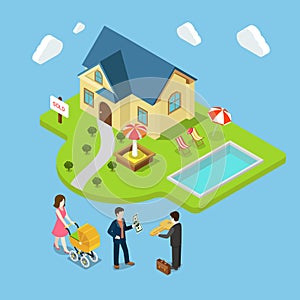 New family house sold real estate flat 3d isometric vector