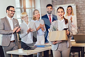 New female member of team, newcomer, applauding to female employee, congratulating office worker with promotion