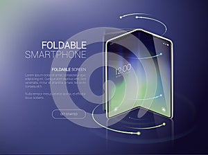 New foldable smartphone concept, prototype with advertisment background and fold, flexible screen. Mobile with background and fold