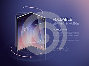 New foldable smartphone concept, prototype with advertisment background and fold, flexible screen. Mobile with background and fold photo