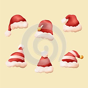 Santa Claus watercolor hat vector cartoon Christmas icons set isolated on a background.