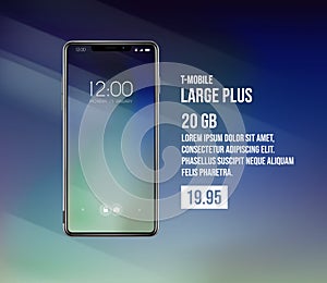 New front smartphone, phone plans concept prototype with advertisment background. Mobile with background and hour screen. Mockup