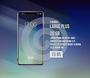 New front smartphone, phone plans concept prototype with advertisment background. Mobile with background and hour screen. Mockup photo