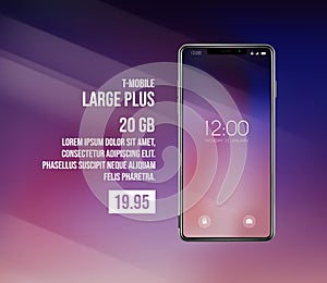 New front smartphone, phone plans concept prototype with advertisment background. Mobile with background and hour screen. Mockup photo