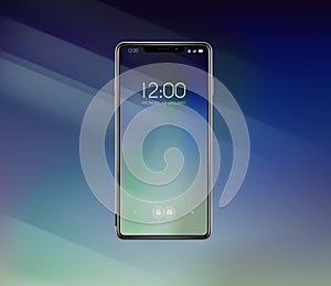 New front smartphone, phone prototype with advertisment background. Mobile with background and hour screen. Mockup model for add,