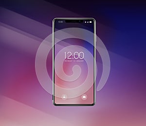 New front smartphone, phone prototype with advertisment background. Mobile with background and hour screen. Mockup model for add, photo