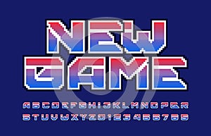 New Game alphabet font. Futuristic pixel letters and numbers.