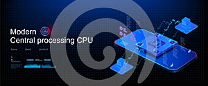 New generation multi-core processor. Microelectronics and computer technologies. Modern central processing unit with mobile phone.