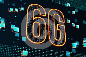 New generations network and fast speed mobile internet concept with digital orange 6g symbol on dark background with blue pixels