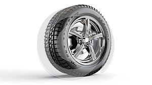 New glossy black car tire on a sleek silver wheel rim. Automotive industry concept. Isolated object with a white