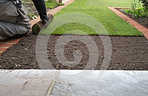 New grass turf being installed in a garden along new brick edging