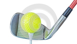 The new green golf ball on tee with driver club on white backgro