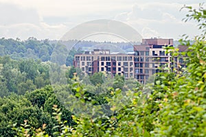 New green park apartments mixed-use urban multi-family residential district area development. Sustainable Lifestyle.