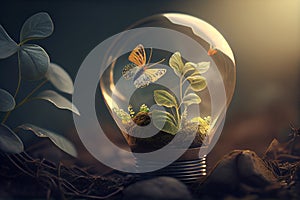 new green plant in a lightbulb with butterfly in sunlight,generative ai