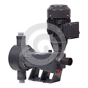 New grey industrial diaphragm pump with motor isolated on white background