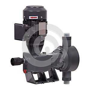 New grey industrial diaphragm pump with motor isolated on white background