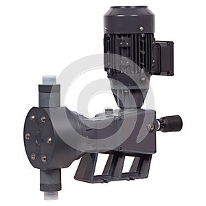 New grey industrial diaphragm pump with motor isolated on white background