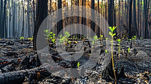 New growth sprouts in a forest devastated by wildfire, symbol of hope photo