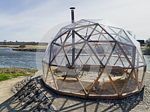 New Gypsy Bath. Polygonal wooden and film sauna with oven, chimney and benchs