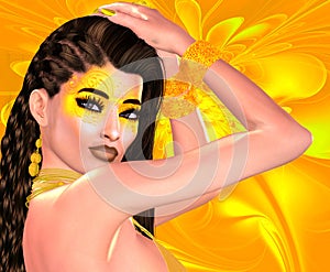 A new hairstyle of braids, twists and waves is set against a bright yellow flower background