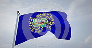 New Hampshire flag fluttering with the wind and sky background. 4k 3d render