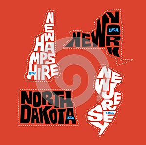 New Hampshire, New York, North Dakota, New Jersey state names distorted into state outlines. Pop art style vector.