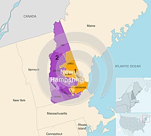 New Hampshire state counties colored by congressional districts vector map with neighbouring states and terrotories